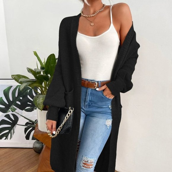 Black Preppy Womens Double Pocket Drop Shoulder Duster Cardigan - Picture 2 of 5